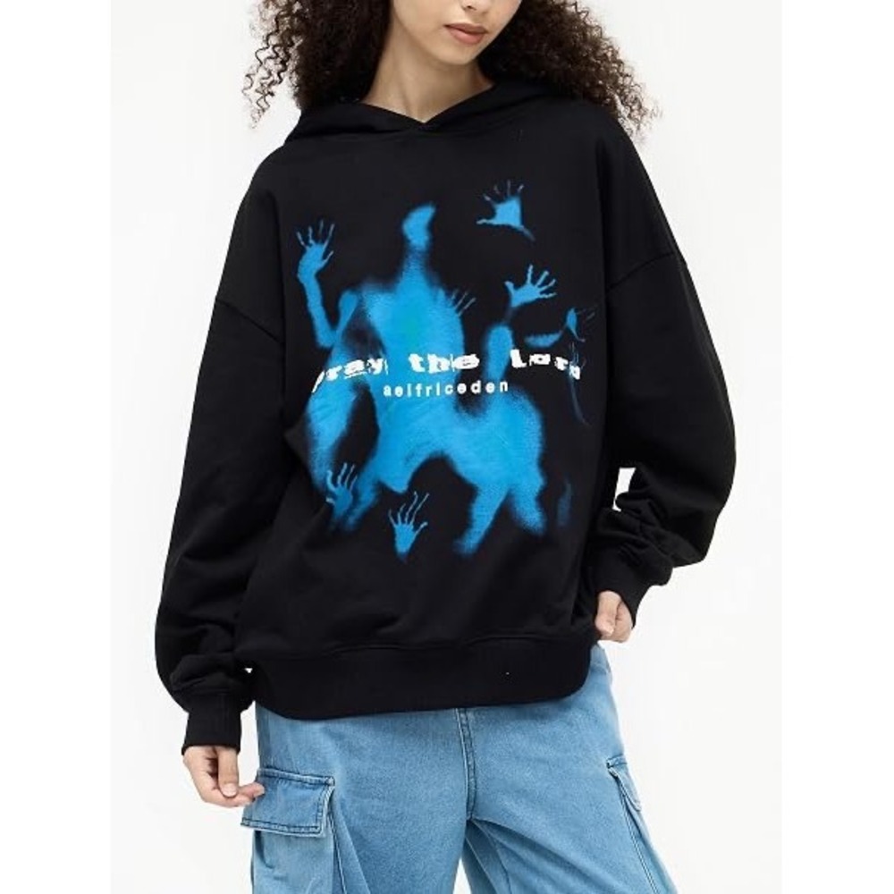 Aelfric Eden Pray the Lord Graphic Oversized Hoodie Black Cotton Small